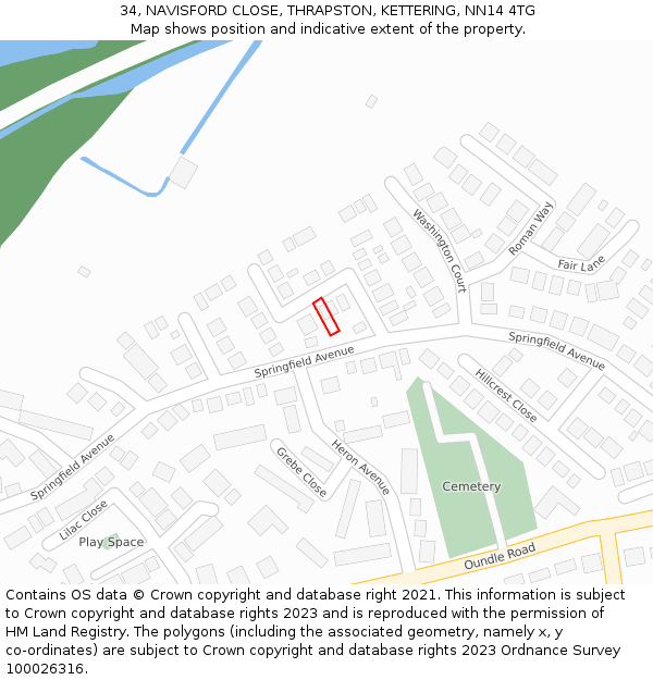 34, NAVISFORD CLOSE, THRAPSTON, KETTERING, NN14 4TG: Location map and indicative extent of plot