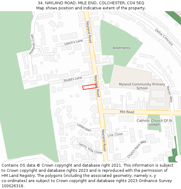 34, NAYLAND ROAD, MILE END, COLCHESTER, CO4 5EQ: Location map and indicative extent of plot