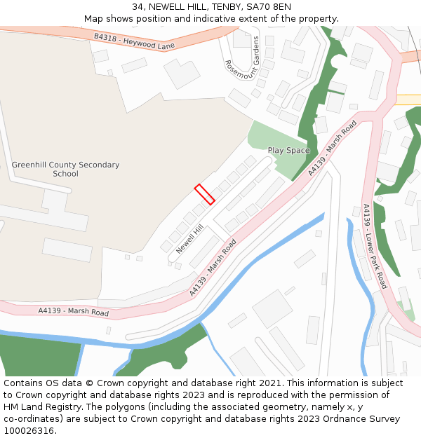 34, NEWELL HILL, TENBY, SA70 8EN: Location map and indicative extent of plot