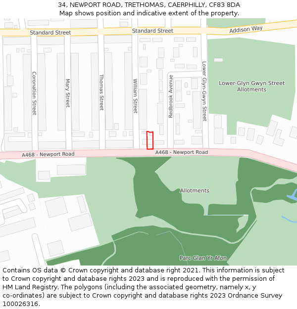 34, NEWPORT ROAD, TRETHOMAS, CAERPHILLY, CF83 8DA: Location map and indicative extent of plot