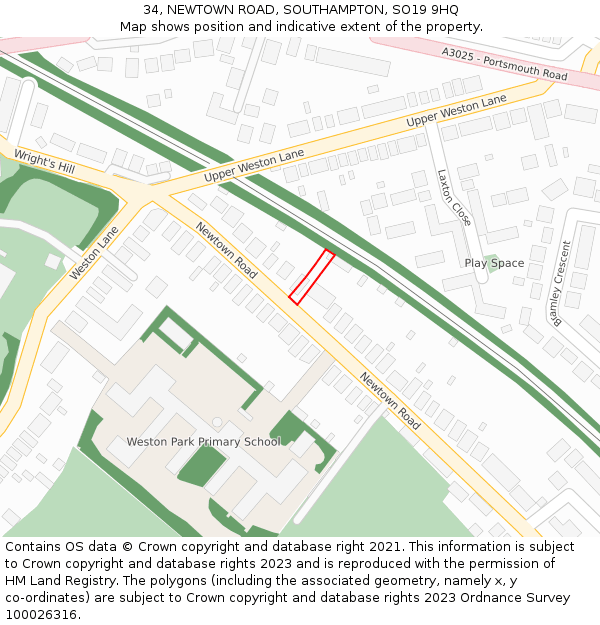 34, NEWTOWN ROAD, SOUTHAMPTON, SO19 9HQ: Location map and indicative extent of plot