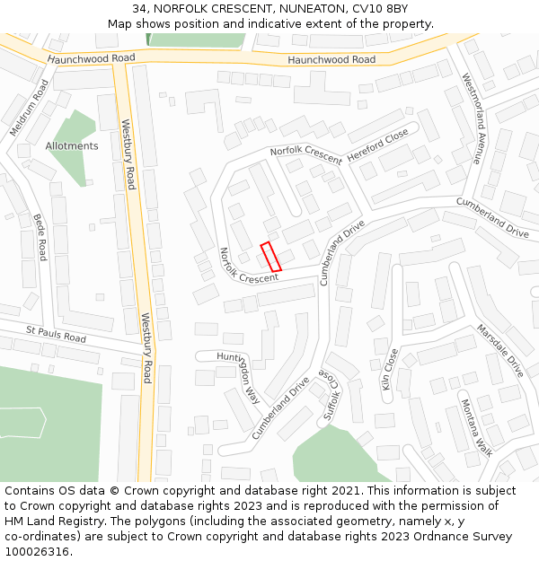 34, NORFOLK CRESCENT, NUNEATON, CV10 8BY: Location map and indicative extent of plot