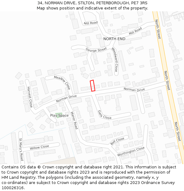 34, NORMAN DRIVE, STILTON, PETERBOROUGH, PE7 3RS: Location map and indicative extent of plot