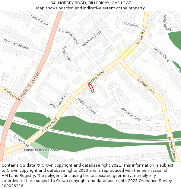34, NORSEY ROAD, BILLERICAY, CM11 1AE: Location map and indicative extent of plot