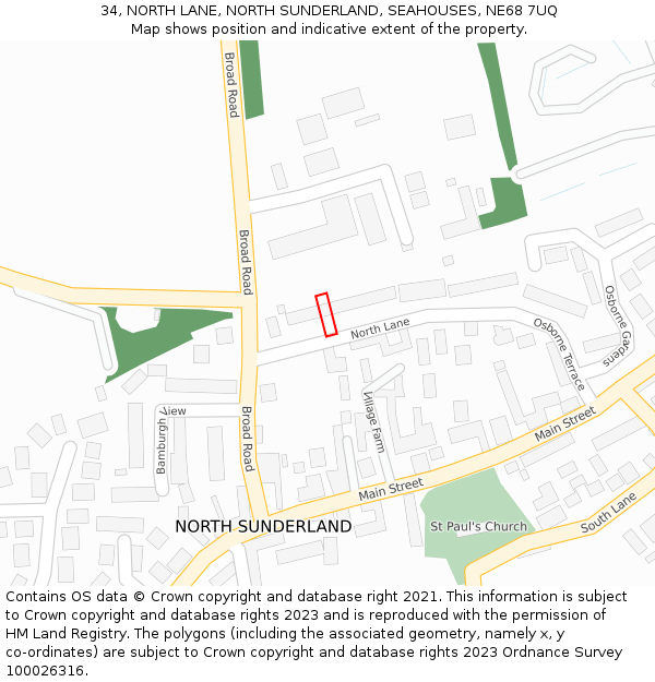 34, NORTH LANE, NORTH SUNDERLAND, SEAHOUSES, NE68 7UQ: Location map and indicative extent of plot