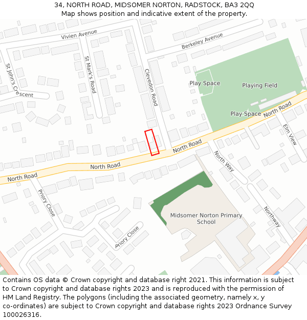 34, NORTH ROAD, MIDSOMER NORTON, RADSTOCK, BA3 2QQ: Location map and indicative extent of plot