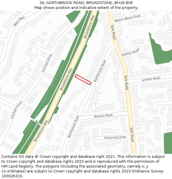 34, NORTHBROOK ROAD, BROADSTONE, BH18 8HE: Location map and indicative extent of plot