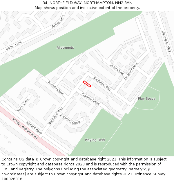 34, NORTHFIELD WAY, NORTHAMPTON, NN2 8AN: Location map and indicative extent of plot