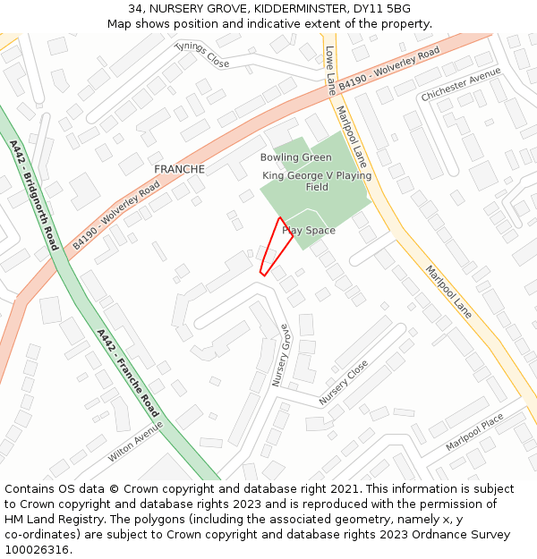 34, NURSERY GROVE, KIDDERMINSTER, DY11 5BG: Location map and indicative extent of plot