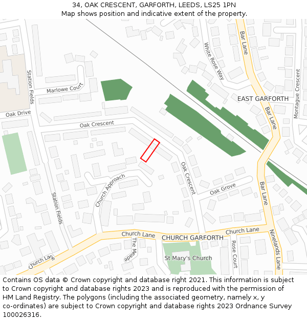 34, OAK CRESCENT, GARFORTH, LEEDS, LS25 1PN: Location map and indicative extent of plot
