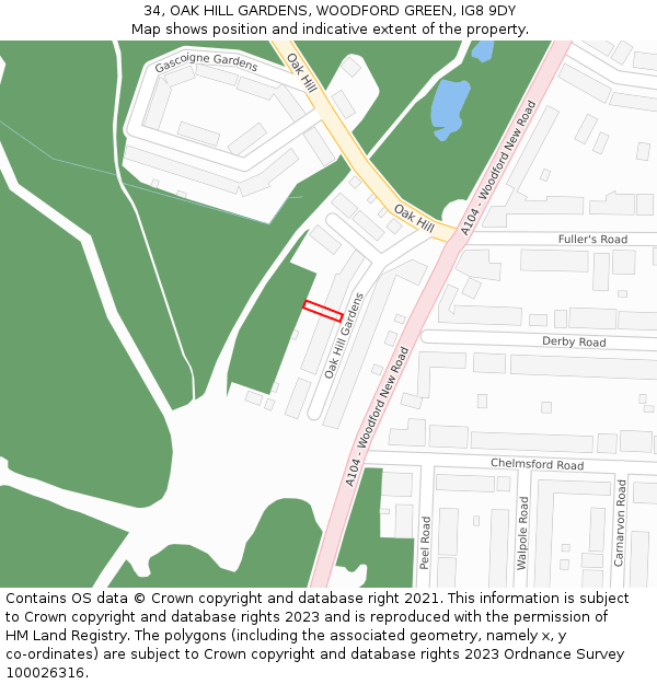 34, OAK HILL GARDENS, WOODFORD GREEN, IG8 9DY: Location map and indicative extent of plot