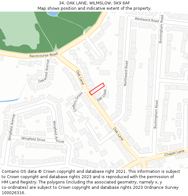 34, OAK LANE, WILMSLOW, SK9 6AF: Location map and indicative extent of plot