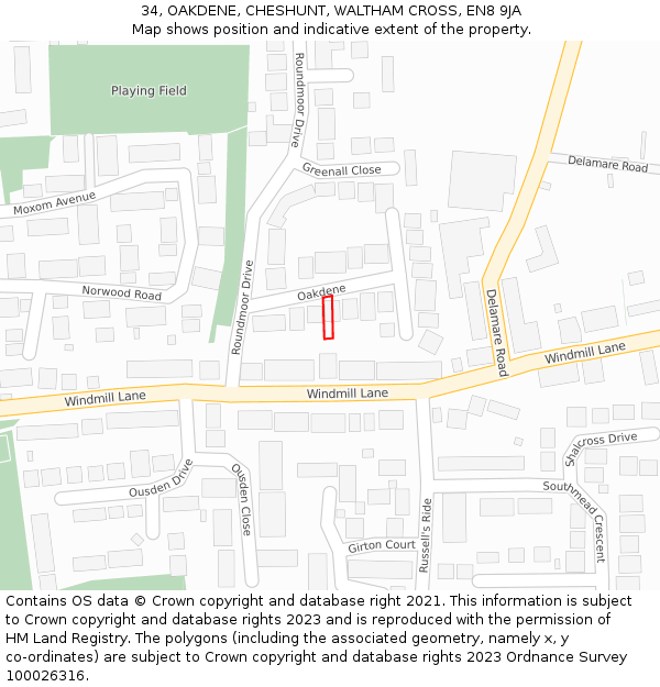 34, OAKDENE, CHESHUNT, WALTHAM CROSS, EN8 9JA: Location map and indicative extent of plot