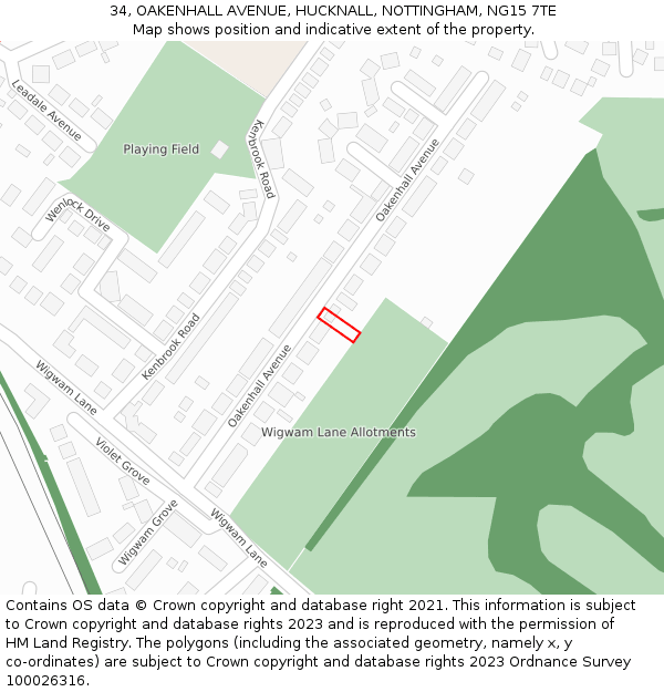 34, OAKENHALL AVENUE, HUCKNALL, NOTTINGHAM, NG15 7TE: Location map and indicative extent of plot