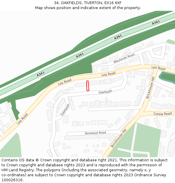34, OAKFIELDS, TIVERTON, EX16 6XF: Location map and indicative extent of plot