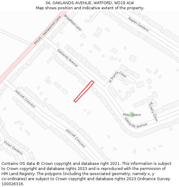 34, OAKLANDS AVENUE, WATFORD, WD19 4LW: Location map and indicative extent of plot