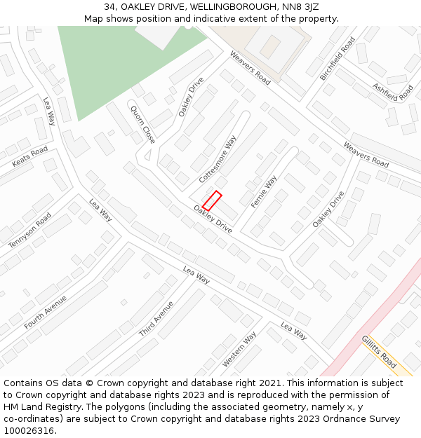 34, OAKLEY DRIVE, WELLINGBOROUGH, NN8 3JZ: Location map and indicative extent of plot