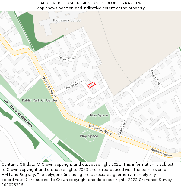 34, OLIVER CLOSE, KEMPSTON, BEDFORD, MK42 7FW: Location map and indicative extent of plot