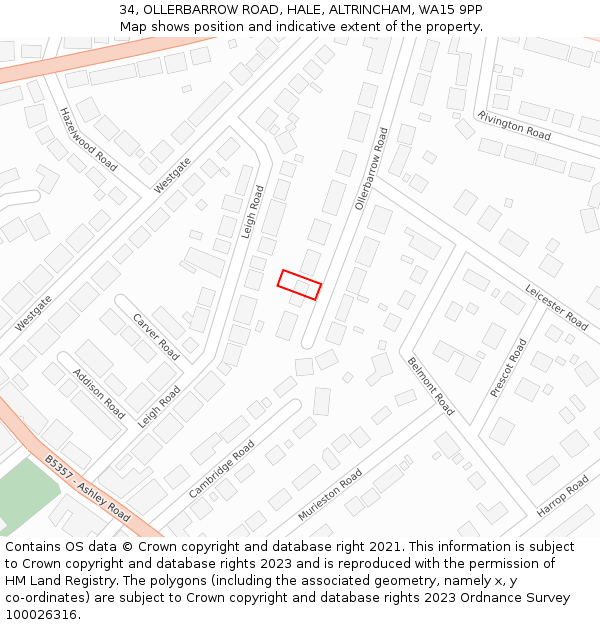34, OLLERBARROW ROAD, HALE, ALTRINCHAM, WA15 9PP: Location map and indicative extent of plot