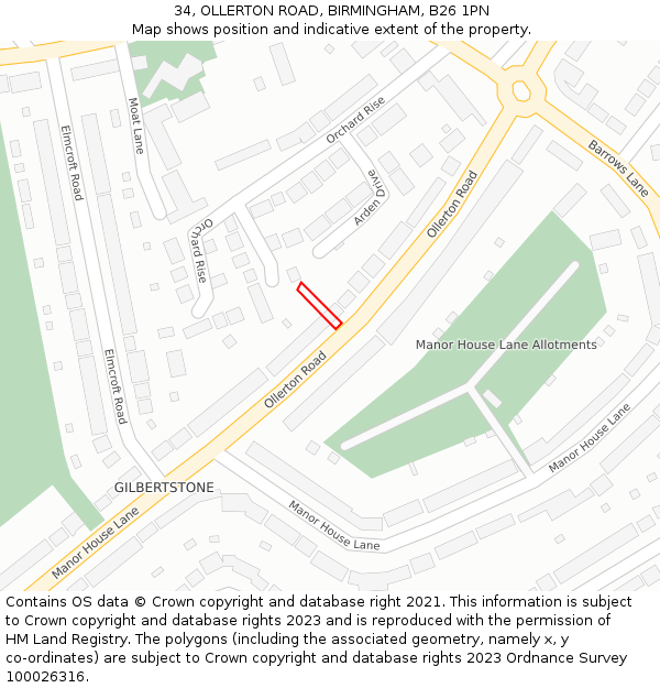 34, OLLERTON ROAD, BIRMINGHAM, B26 1PN: Location map and indicative extent of plot