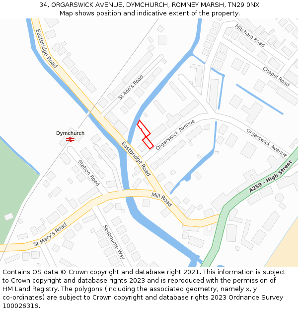 34, ORGARSWICK AVENUE, DYMCHURCH, ROMNEY MARSH, TN29 0NX: Location map and indicative extent of plot