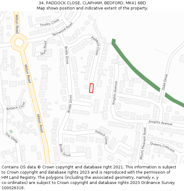 34, PADDOCK CLOSE, CLAPHAM, BEDFORD, MK41 6BD: Location map and indicative extent of plot