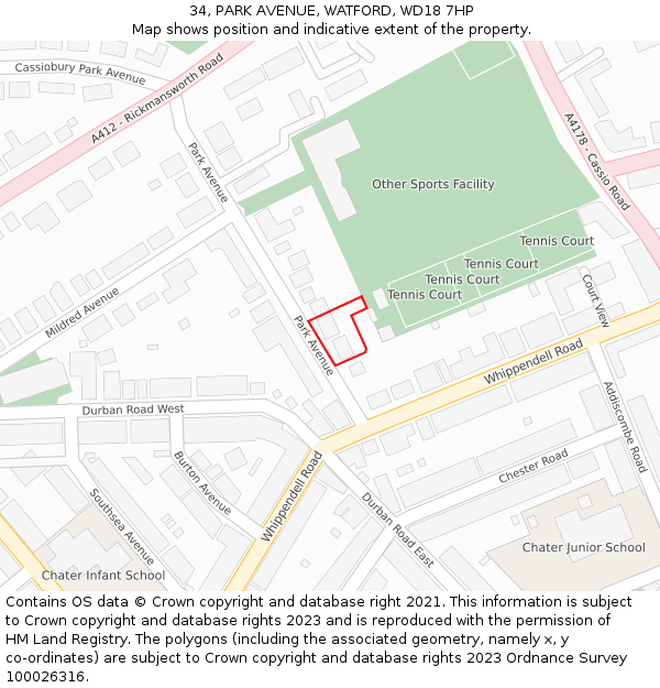 34, PARK AVENUE, WATFORD, WD18 7HP: Location map and indicative extent of plot