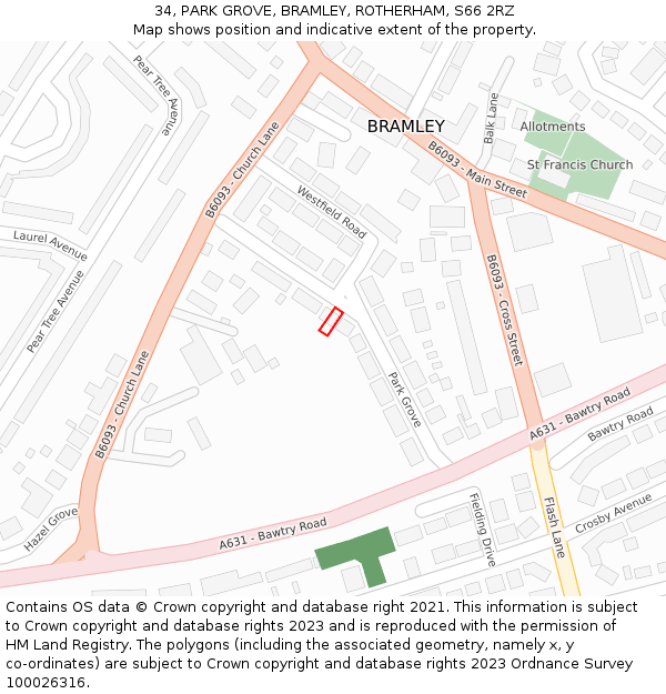 34, PARK GROVE, BRAMLEY, ROTHERHAM, S66 2RZ: Location map and indicative extent of plot