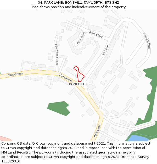 34, PARK LANE, BONEHILL, TAMWORTH, B78 3HZ: Location map and indicative extent of plot