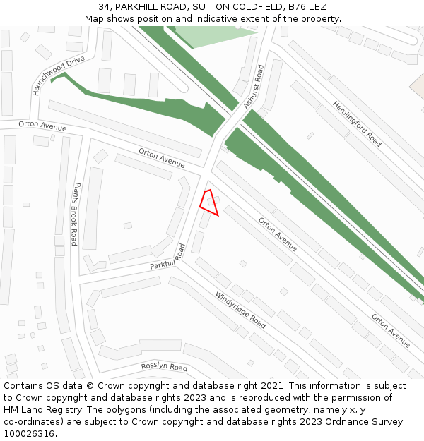 34, PARKHILL ROAD, SUTTON COLDFIELD, B76 1EZ: Location map and indicative extent of plot