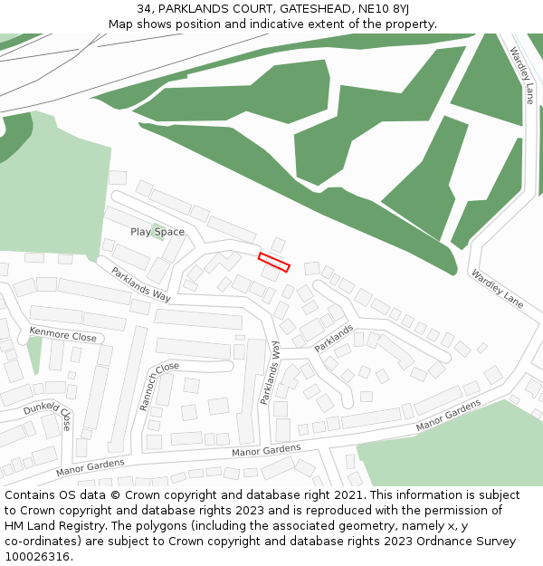 34, PARKLANDS COURT, GATESHEAD, NE10 8YJ: Location map and indicative extent of plot