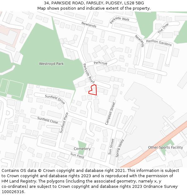 34, PARKSIDE ROAD, FARSLEY, PUDSEY, LS28 5BG: Location map and indicative extent of plot