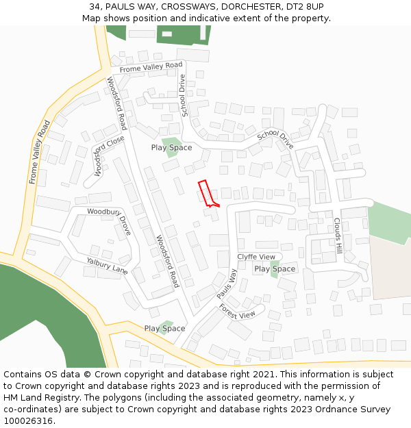 34, PAULS WAY, CROSSWAYS, DORCHESTER, DT2 8UP: Location map and indicative extent of plot