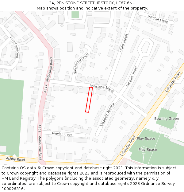 34, PENISTONE STREET, IBSTOCK, LE67 6NU: Location map and indicative extent of plot