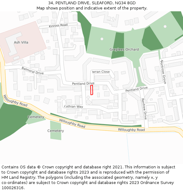 34, PENTLAND DRIVE, SLEAFORD, NG34 8GD: Location map and indicative extent of plot