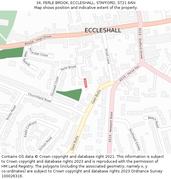 34, PERLE BROOK, ECCLESHALL, STAFFORD, ST21 6AN: Location map and indicative extent of plot