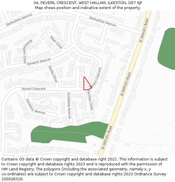 34, PEVERIL CRESCENT, WEST HALLAM, ILKESTON, DE7 6JF: Location map and indicative extent of plot
