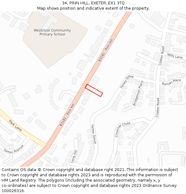 34, PINN HILL, EXETER, EX1 3TQ: Location map and indicative extent of plot