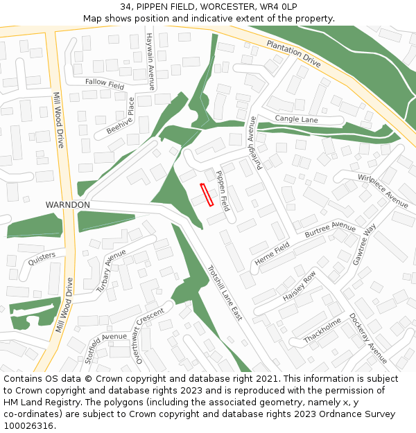 34, PIPPEN FIELD, WORCESTER, WR4 0LP: Location map and indicative extent of plot