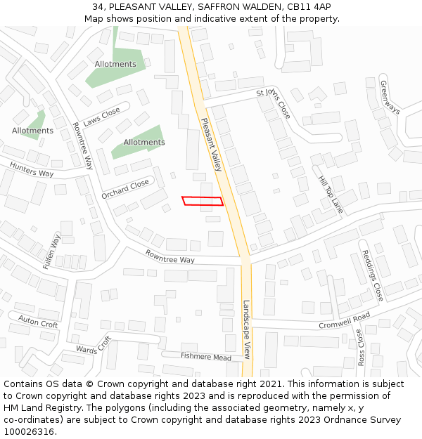 34, PLEASANT VALLEY, SAFFRON WALDEN, CB11 4AP: Location map and indicative extent of plot
