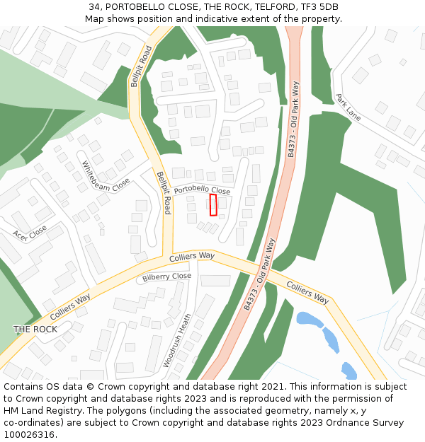 34, PORTOBELLO CLOSE, THE ROCK, TELFORD, TF3 5DB: Location map and indicative extent of plot