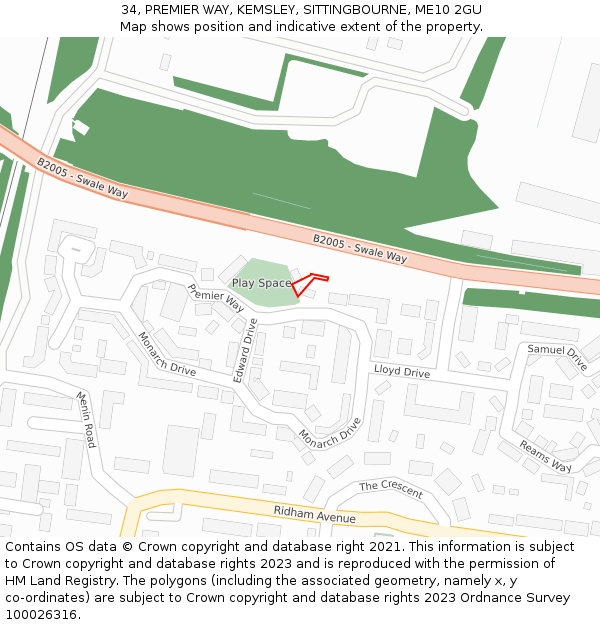 34, PREMIER WAY, KEMSLEY, SITTINGBOURNE, ME10 2GU: Location map and indicative extent of plot