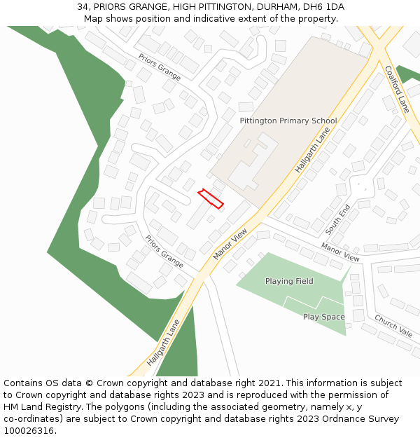 34, PRIORS GRANGE, HIGH PITTINGTON, DURHAM, DH6 1DA: Location map and indicative extent of plot