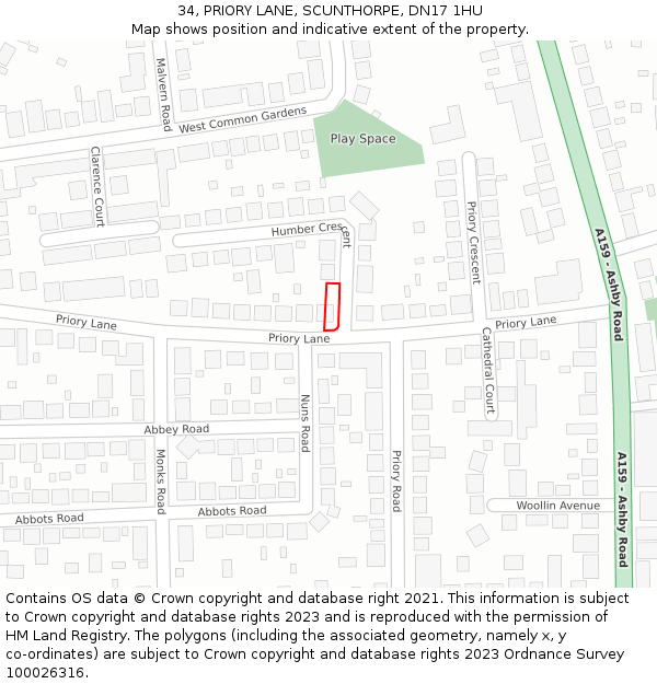 34, PRIORY LANE, SCUNTHORPE, DN17 1HU: Location map and indicative extent of plot