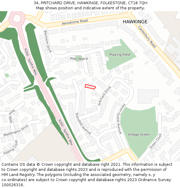 34, PRITCHARD DRIVE, HAWKINGE, FOLKESTONE, CT18 7QH: Location map and indicative extent of plot