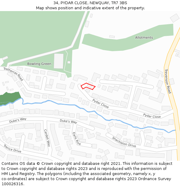 34, PYDAR CLOSE, NEWQUAY, TR7 3BS: Location map and indicative extent of plot