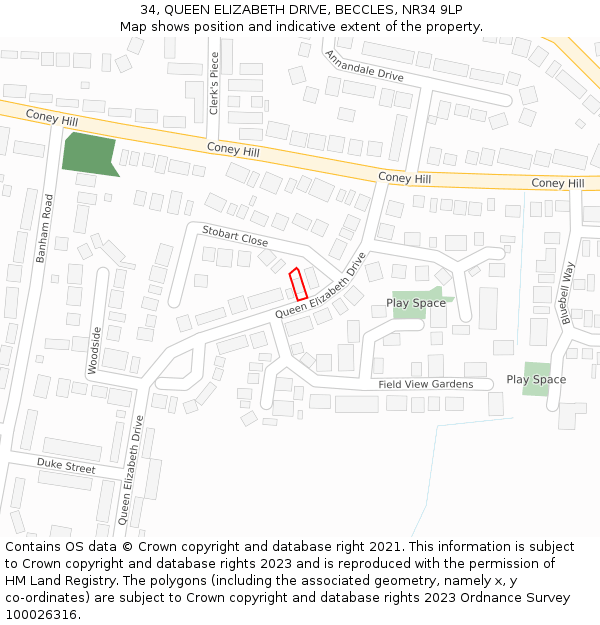 34, QUEEN ELIZABETH DRIVE, BECCLES, NR34 9LP: Location map and indicative extent of plot