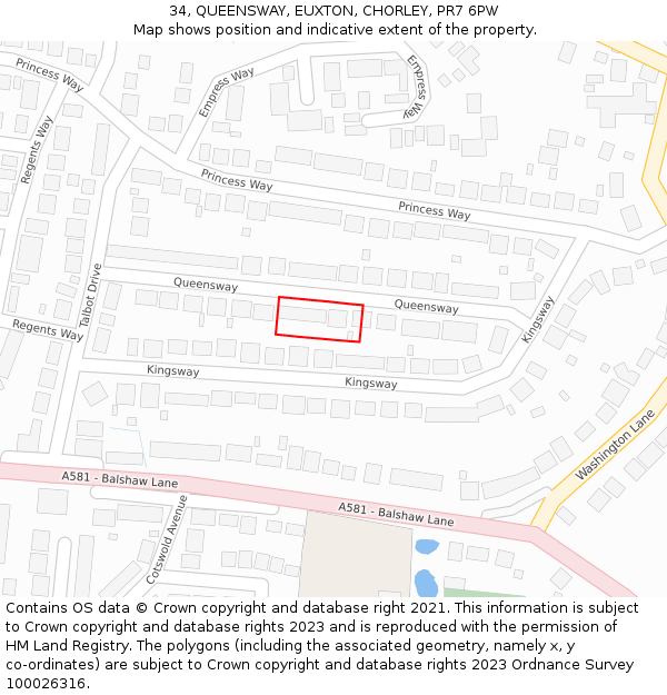 34, QUEENSWAY, EUXTON, CHORLEY, PR7 6PW: Location map and indicative extent of plot