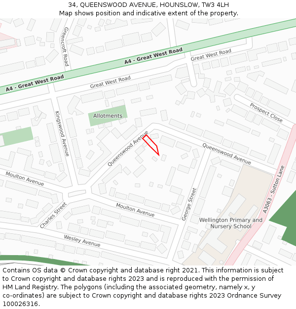 34, QUEENSWOOD AVENUE, HOUNSLOW, TW3 4LH: Location map and indicative extent of plot