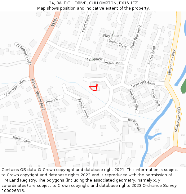 34, RALEIGH DRIVE, CULLOMPTON, EX15 1FZ: Location map and indicative extent of plot